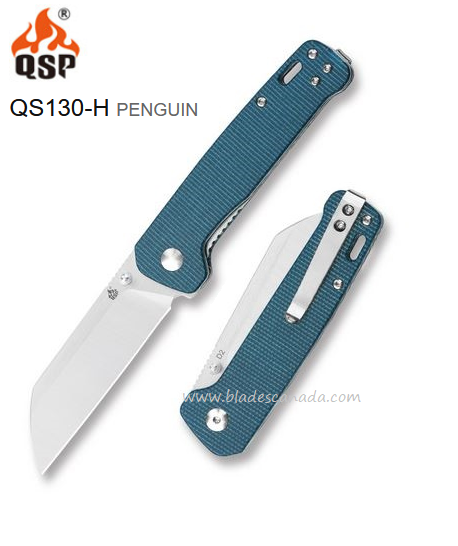 QSP Penguin Folding Knife, D2 Two-Tone, Micarta Blue, QS130-H